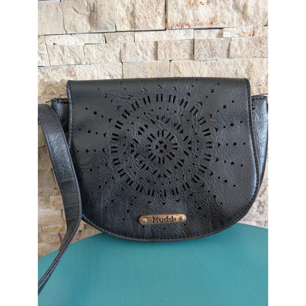Vintage Y2K Mudd Crossbody Sunburst Perforated Purse 9" Faux Leather Boho Chic